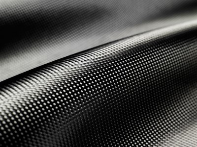 Close-up of carbon fiber cloth showing its textured weave pattern and glossy finish, with light reflecting off the surface.