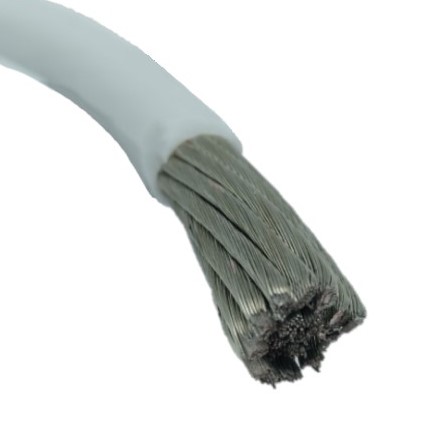 Close-up of an unshielded electrical wire MIL-W-22759/16, showing exposed silver strands at the cut end and a white insulation cover.